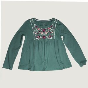 Shabby Chic Girls Green Floral Embroidered LS Peplum Top Size 7/8 Boho Blouse